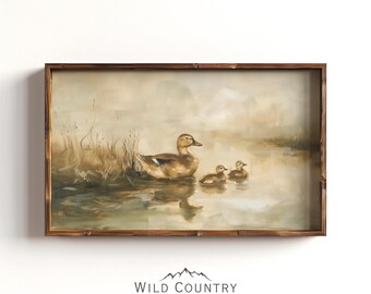Mama Duck Painting, Woodland Nursery Decor, Mallard Duckling Nursery Art Poster Print, Bird Hunter Gift, Cabin Decor, Vintage Lake Wall Art
