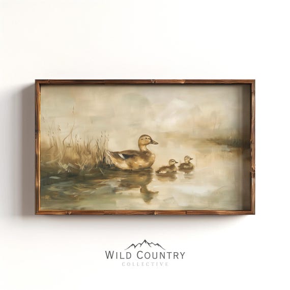 Mama Duck Painting, Woodland Nursery Decor, Mallard Duckling Nursery Art Poster Print, Bird Hunter Gift, Cabin Decor, Vintage Lake Wall Art
