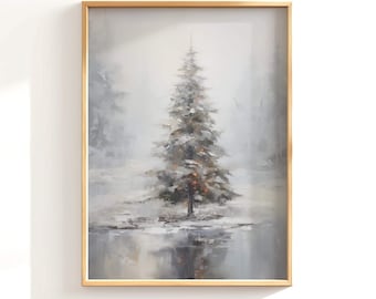 Muted Christmas Tree Print, Christmas Wall Decor, Holiday Decor,  Snowy Pine Tree Wall Art, Winter Forest Painting, Vintage Winter Wall Art