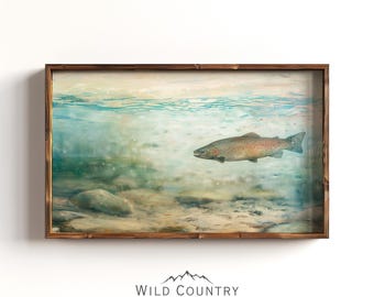Printable Antique Trout Oil Painting, Vintage Trout Fish Wall Art, Fisherman Gift For Dad, Rustic Lake Landscape Painting, Lake House Decor