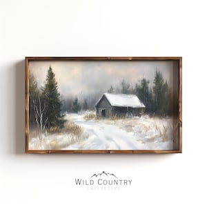 Winter Cabin Painting, Evergreen Pine Tree Art Print, Snowy Forest Landscape, Rustic Cabin Decor, Winter Snow Wall Art, Christmas Wall Decor