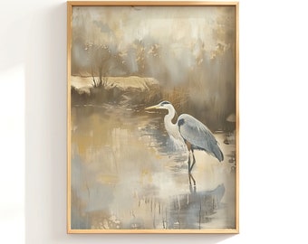 Great Blue Heron Poster Print vol.2, Minimalist Coastal Room Decor, Beige Aesthetic Print, Bird Art, Rustic Painting Print, Brown Wall Art