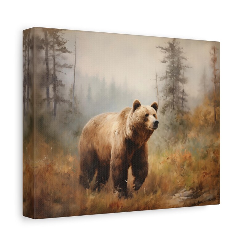 a painting of a brown bear walking through a forest