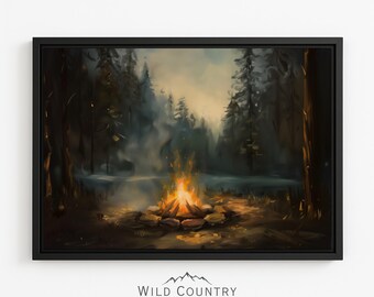 Framed Camping Art Print Moody Campfire Painting Vintage Forest Wall Art Canvas Nature Wall Art Cabin Decor Rustic Framed Pine Tree Wall Art