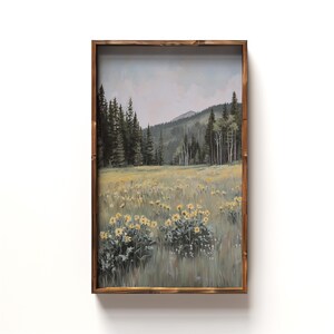 Mountain Wildflower Field Art Print Arrowleaf Balsamroot Meadow Print for Farmhouse Bedroom Evergreen Forest Nature Landscape Artwork
