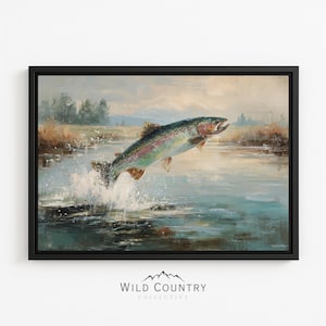 Toile de truite vintage encadrée, art mural de pêche à la mouche, art de cabine rustique, peinture de lac, impression de pêche à la mouche, art mural de truite pour salon de maison au bord du lac