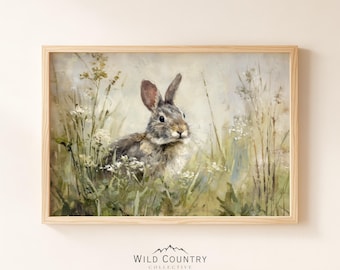 Stampa di coniglietto carino per decorazioni pasquali, decorazioni per la cameretta in stile country/farmhouse, arazzo da parete con motivo vegetale, stampa vintage, animali selvatici, regalo carino per gli amanti dei conigli
