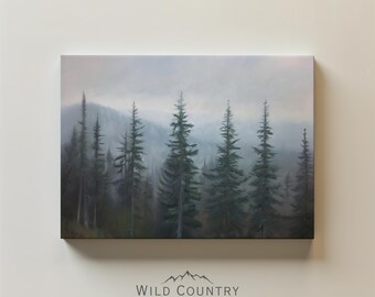 Foggy Forest Print on Canvas, Moody Mountain Painting, Vintage Nature Landscape, Evergreen Pine Tree Matte Canvas, Dark Academia Cabin Decor