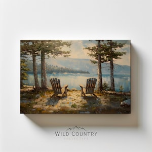 Adirondack Chairs Canvas Vintage Lake Wall Art Landscape Pine Tree Print Montana Painting Lake View Wall Decor for Cabin Mountain Wall Art