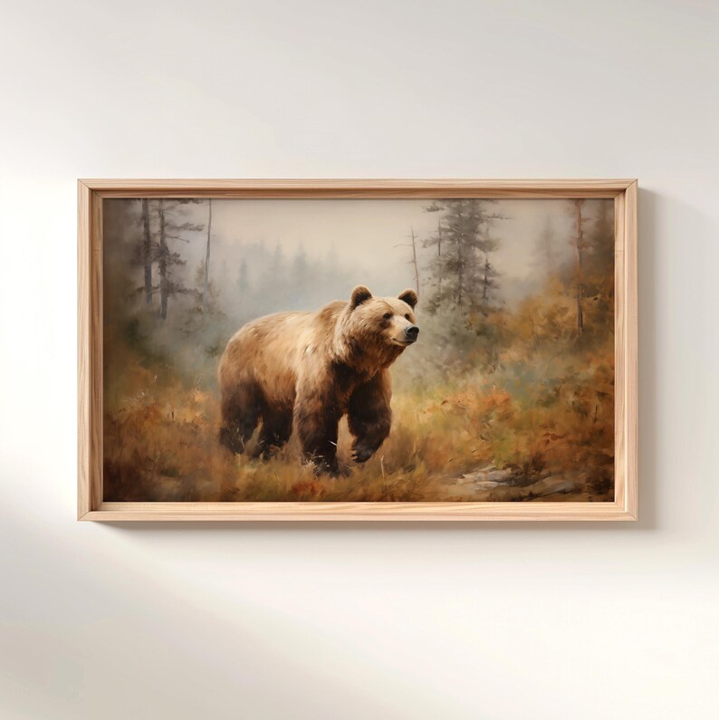 a painting of a bear is hanging on a wall