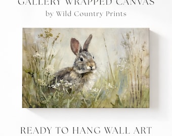 Easter Rabbit Canvas, Antique Farmhouse Decor, Country Nursery Wall Art, Vintage Bunny Painting, Easter Wall Art, Wildlife Painting