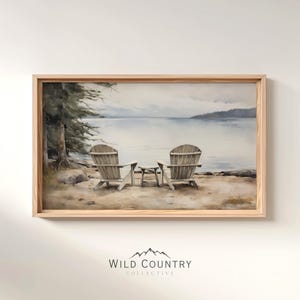 Lake View Poster Wall Art, Lake Landscape Print, Adirondack Chairs, Mountain View, Montana Painting, Lake House Decor, Vintage Lake View