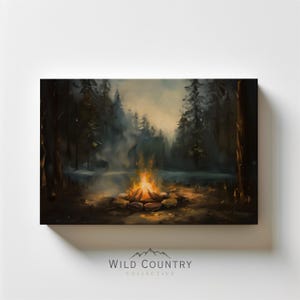 Moody Campfire Matte Canvas Print, Camping Theme Wall Art, Rustic Cabin Decor, Vintage Forest Painting, Pine Tree Painting, Dark Wall Art
