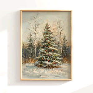 Impresión de árbol de Navidad vintage, arte mural de pino nevado, decoración navideña, póster de arte mural de invierno, pintura de bosque invernal, decoración de pared navideña