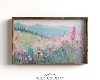 赤い野花のアートプリント、山の壁アート、花の絵画、ヴィンテージのインディアンペイントブラシプリント、インディアンペイントブラシの花の植物の壁アート