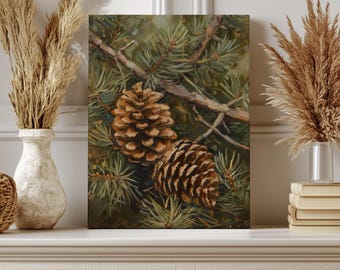 Vintage Pine Cone Canvas, Evergreen Pine Tree Art Print, Holiday Decor, Woodland Cabin Decor, Green Tree Print, Pine Tree Oil Painting