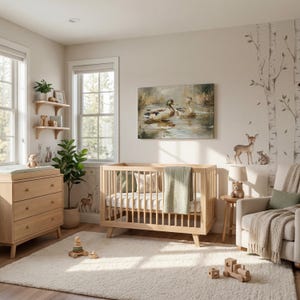 A cozy and charming nursery room with a wooden crib, a dresser, and a comfortable chair. The room has a warm and inviting atmosphere, with a painting of ducks on the wall and a tree mural adding a touch of nature. The room is well-lit, and the overall design is harmonious and visually appealing.