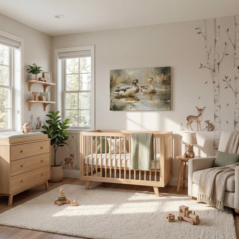 A cozy and charming nursery room with a wooden crib, a dresser, and a comfortable chair. The room has a warm and inviting atmosphere, with a painting of ducks on the wall and a tree mural adding a touch of nature. The room is well-lit, and the overall design is harmonious and visually appealing.
