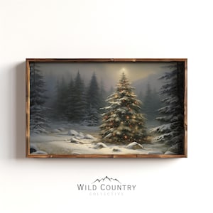 Impresión de árbol de Navidad vintage, póster de arte mural antiguo, decoración de cabaña navideña, pintura de bosque invernal, decoración de pared navideña, pinos nevados