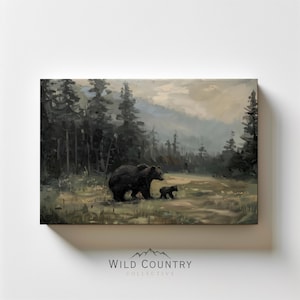 Vintage Mama Bear Canvas, New Mom Baby Gift, Bear Cub Painting, Kids Room Wall Art, Woodland Nursery Decor, Black Bear Nursery Wall Art
