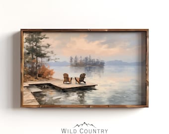 Printable Vintage Adirondack Chairs on the Dock, Lake Landscape Art, Mountain Wall Art, Cabin Decor, Montana Painting, Antique Lake Painting