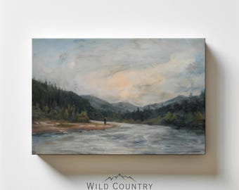 Fly Fishing Canvas Vintage Painting Fly Fishing Wall Art River Landscape Painting Fisherman Print Canvas Rustic Lodge Decor River Nature Art