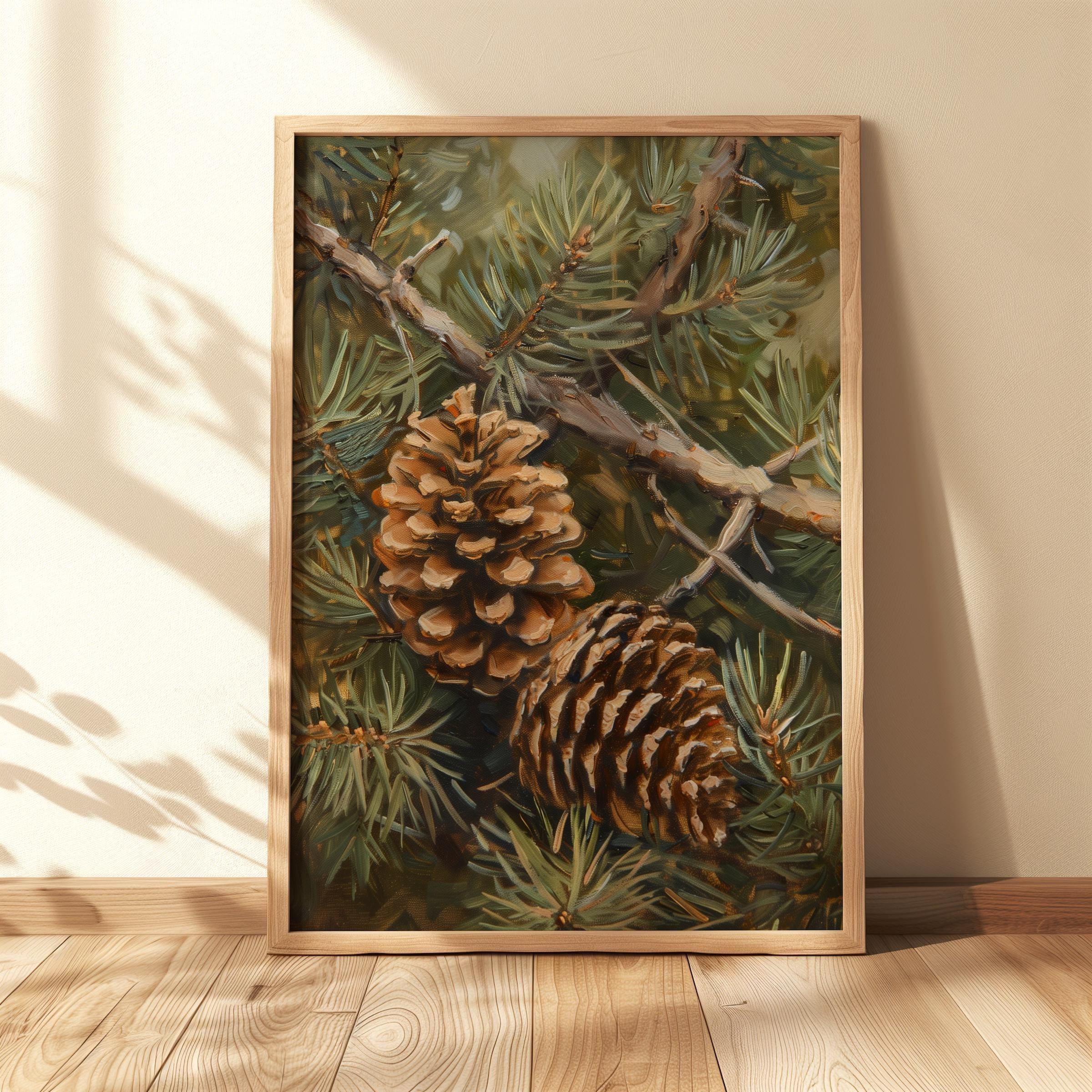 ヴィンテージの松ぼっくりアートプリント、松の木の油絵、森の