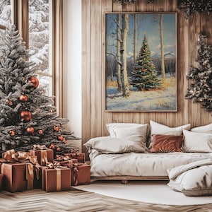 Printable Christmas Tree Painting, Winter Wall Art, Snowy Pine Tree Wall Art, Winter Forest Painting, Christmas Wall Decor, Holiday Decor