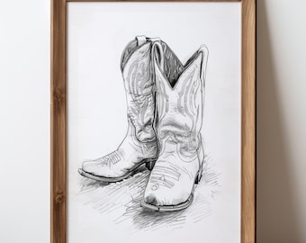 Printable Cowboy Boots Sketch Drawing, Vintage Western Cowboy Print, Rodeo Wall Art, Minimalist Neutral Wall Art, Wild West Home Decor