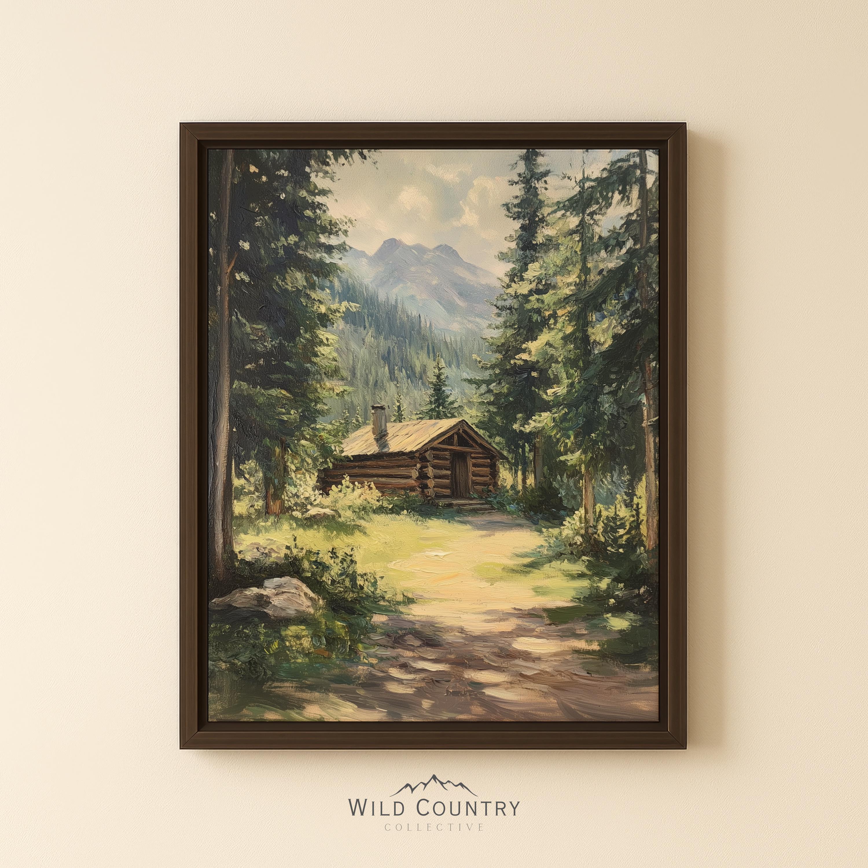 フレーム付きログキャビンキャンバスフォレストウォールアートキャビン