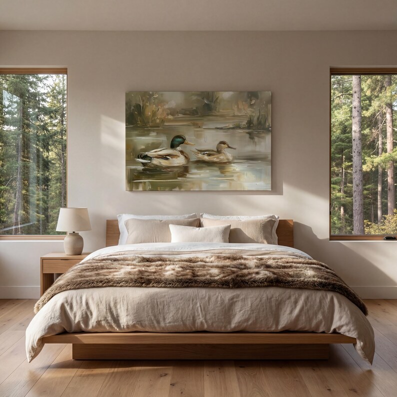 a serene bedroom scene with a large bed, a painting of ducks swimming in a pond, and two windows overlooking a forest.