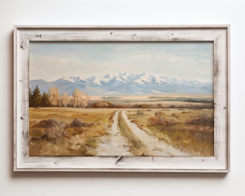 a painting of a dirt road with mountains in the background