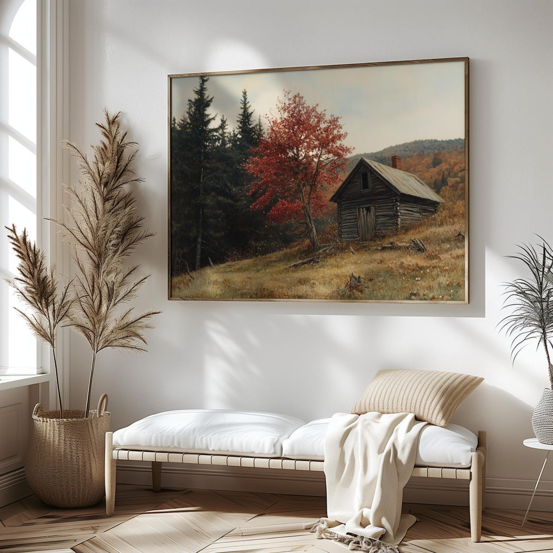 Rustic Red Maple Print, Vintage Old Cabin Painting, Rustic Fall Print
