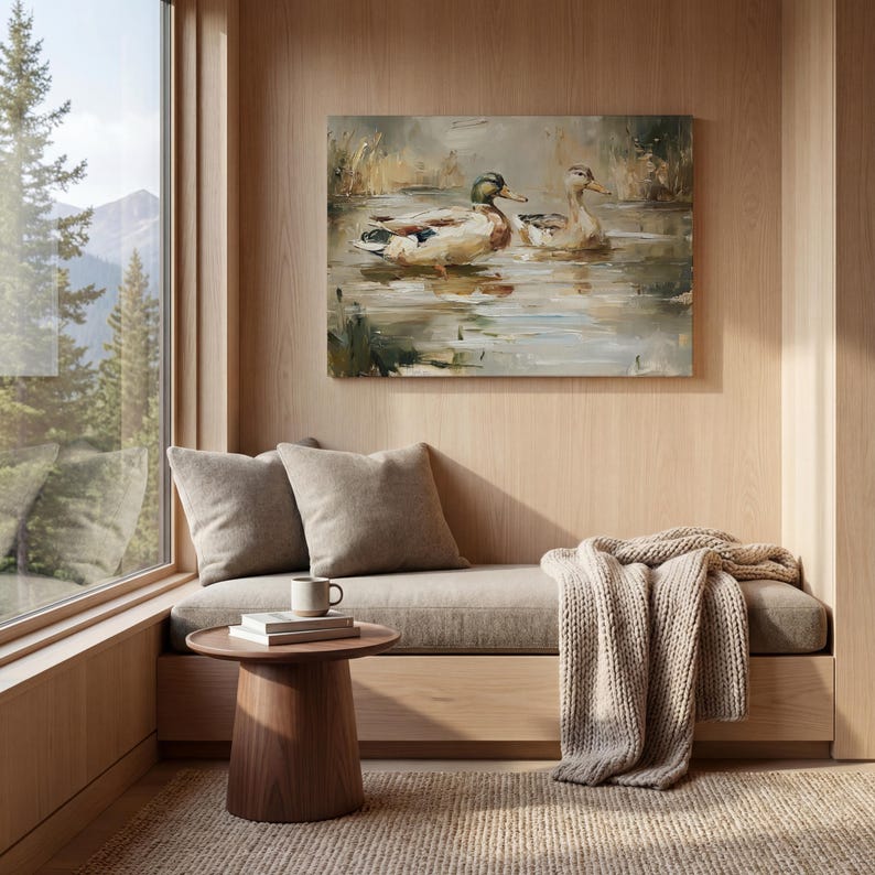 a cozy and inviting living space with a large window overlooking a serene lake, a painting of ducks swimming in the water, and a comfortable couch with a coffee mug and a book on it.