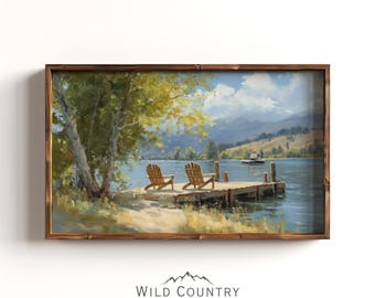 Adirondack Chairs Poster, Vintage Lake Landscape Art, Mountain Wall Art, Cabin Decor, Lake View Painting, Boat Dock Print, Montana Painting