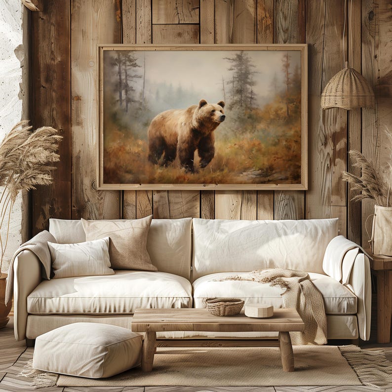 a painting of a brown bear in a rustic living room