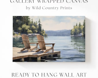Tela com cadeiras Adirondack, arte vintage de montanha, tela com paisagem de lago, decoração de cabana, impressão de pinheiro, pintura de Montana, pintura com vista para o lago