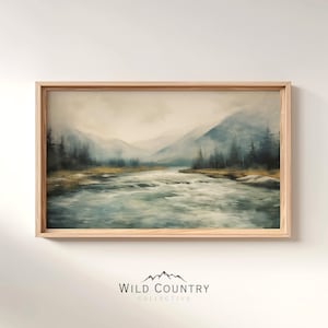 Rushing River Poster Print, Montana Wall Art, Rustic River Oil Painting, Flathead River Print, Rustic Cabin Decor, Vintage Forest Landscape