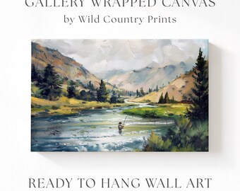 Montana River Fishing Canvas Mountain Artwork Fly Fisherman Wall Decor River Landscape Painting Fisherman Art Bedroom Fishing Scene Print