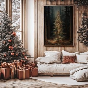 ムーディなクリスマスツリーのプリント、暗い森の絵画、ヴィンテージホリデーウォールアート、クリスマスウォールデコレーション、素朴な松の木のプリント、キャビンデコレーション