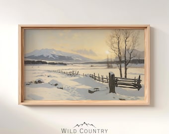 Printable Quaint Winter Farm Landscape, Snowy Mountain Landscape Painting, Mountain Art Print, Rustic Farmhouse Decor, Winter Snow Wall Art