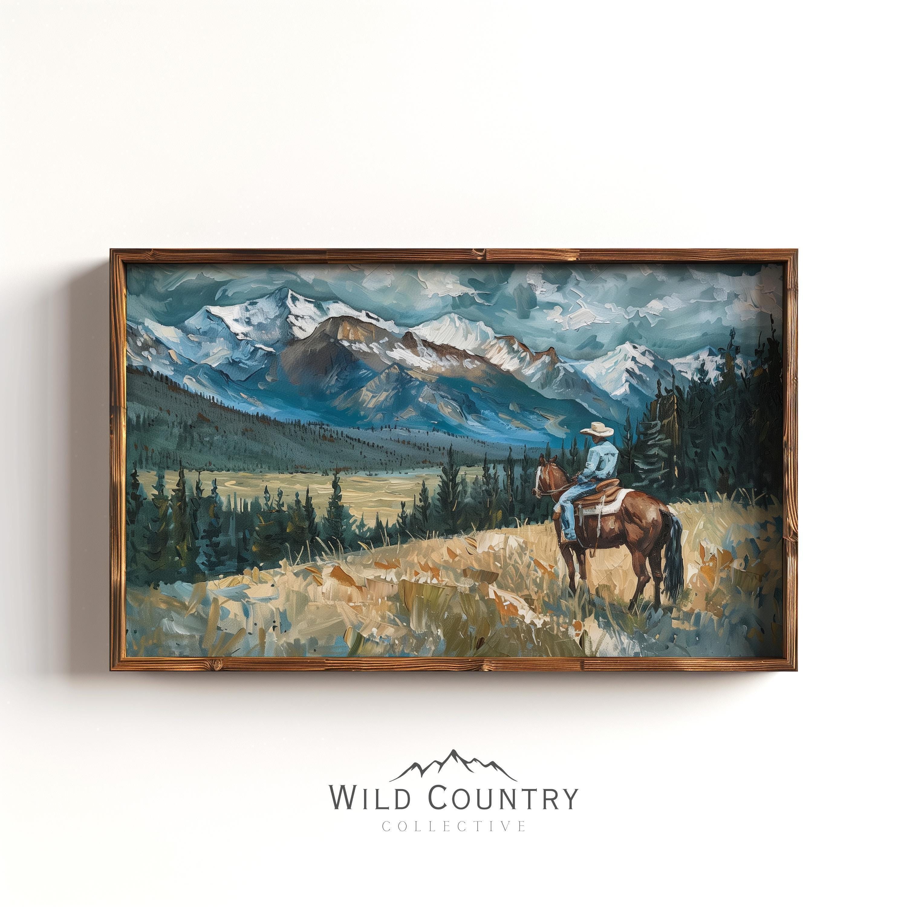Vintage Cowboy Print Western Wall Art Gift for Cowboy Montana Painting ...