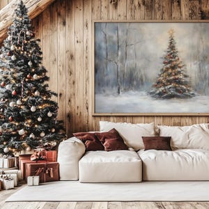 Printable Christmas Tree Painting, Vintage Holiday Decor, Winter Wall Art, Snowy Pines Print, Winter Forest Painting, Christmas Wall Decor