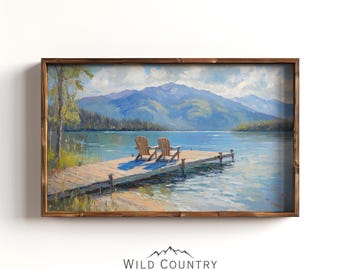Pôster de cadeiras Adirondack, impressão de píer para barcos, arte vintage de paisagem lacustre, pintura de vista para o lago, decoração de cabana, pintura de Montana, arte de parede de montanha