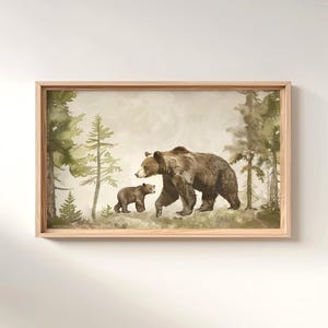 a painting of a bear and cub in a forest