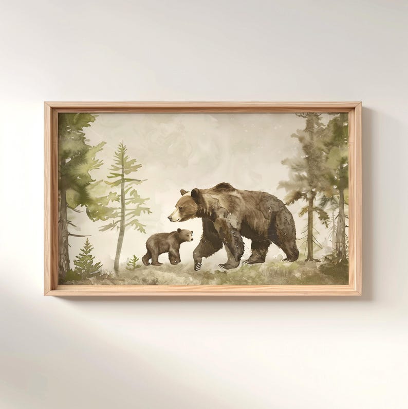 a painting of a bear and cub in a forest