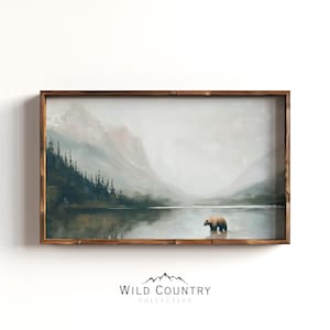 Grizzly Lake Art Print, Vintage Lake House Decor, Glacier National Park Print, Moody Lake Landscape, Montana Wall Art, Grizzly Bear Painting