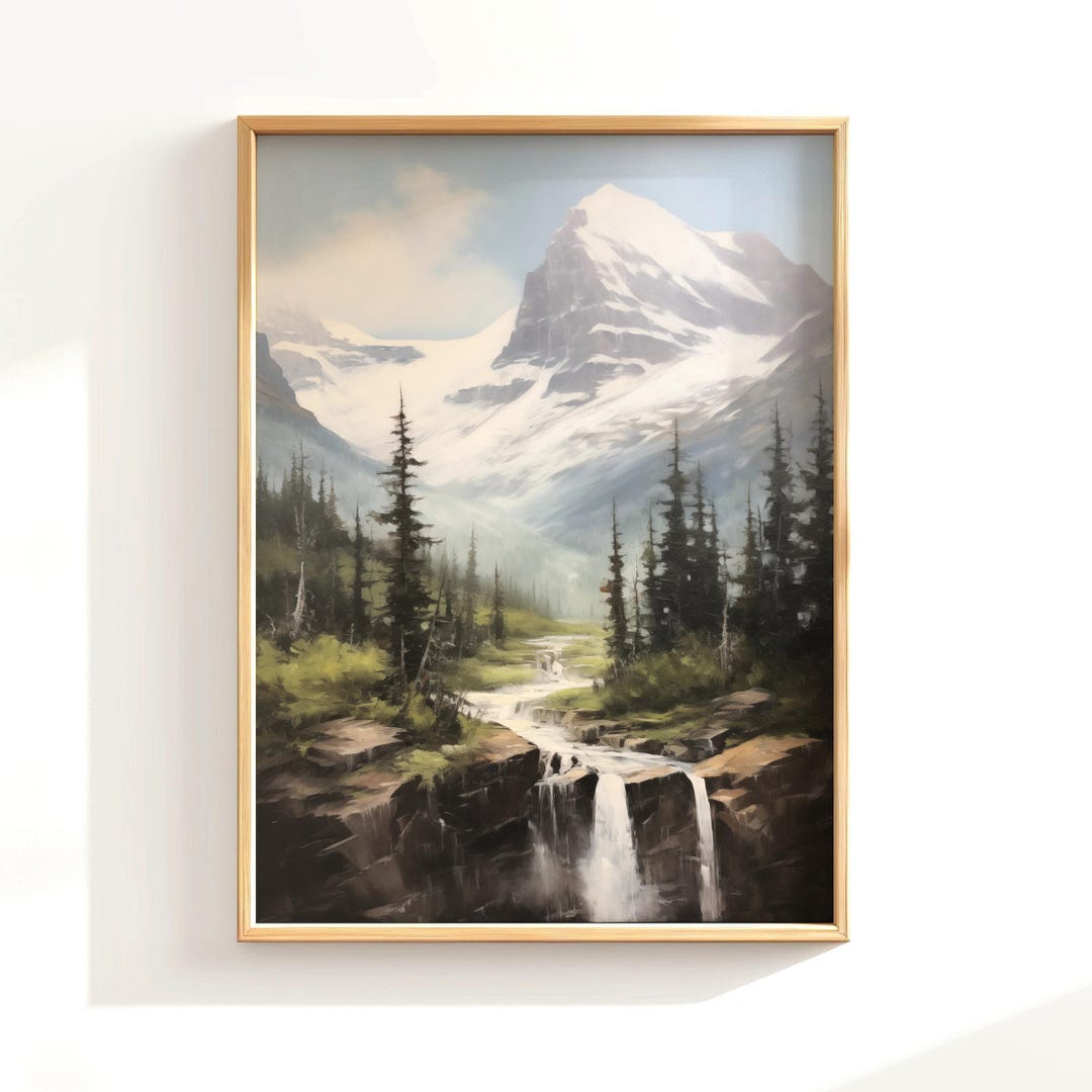 Rustic Waterfall Art, Glacier Water Falls Painting, National Park ...