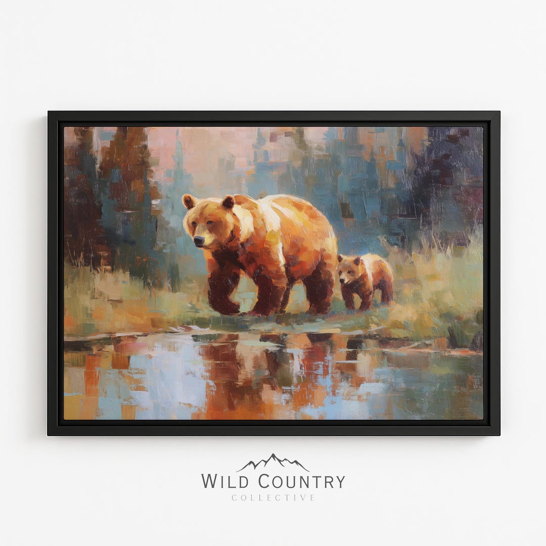 Framed Bear Cub Canvas Vintage Brown Bear Wall Art Baby Decor Woodland ...