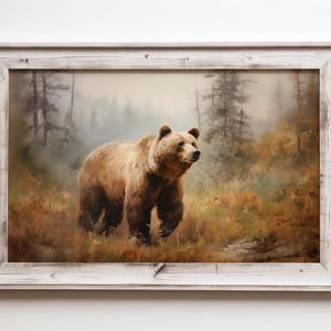 a painting of a brown bear in a forest